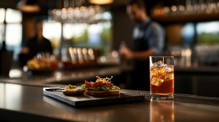 Close-up of drinks and appetizers at trendy bar