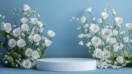 white flowers on blue background, podium for product presentation