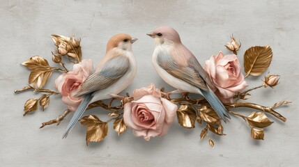 Obraz premium Two pastel-colored birds perched among elegant golden branches with pink rose blossoms
