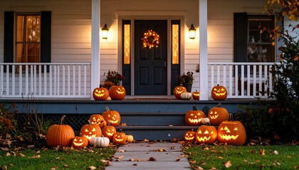 Obraz premium Halloween porch decorated with carved pumpkins