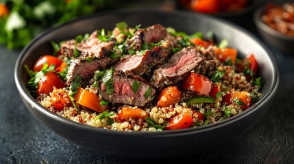 Delicious Quinoa Bowl with Roasted Vegetables and Tender Steak