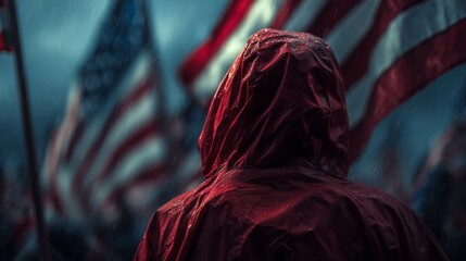 Patriotic Reflections: A Solitary Figure in Red Facing the American Flag in a Stormy Downpour