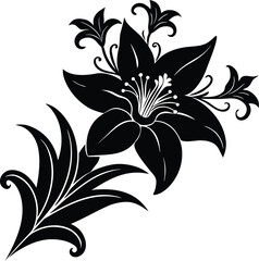 Vector art of black lily flower silhouette isolated on white background, elegant botanical graphic design element for decoration and illustration