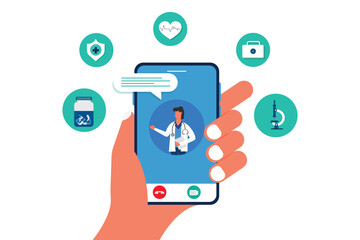 Online doctor's consultation on a smartphone. male doctor on a smartphone. Hand holds the smartphone