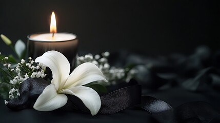 White gerbera with black ribbon and burning candle on black background