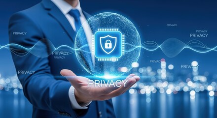 Data Privacy Concept: Businessman Presenting a Secure Digital Shield Over Cityscape, Cyber Security