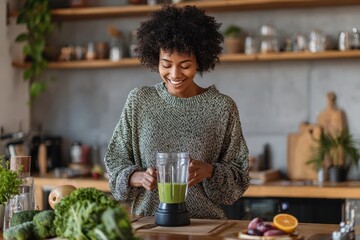 Vibrant Smoothie Making: Young Black Woman in a Kitchen Embracing a Green Diet with Fresh Fruits and Veggies for a Healthy Morning Boost