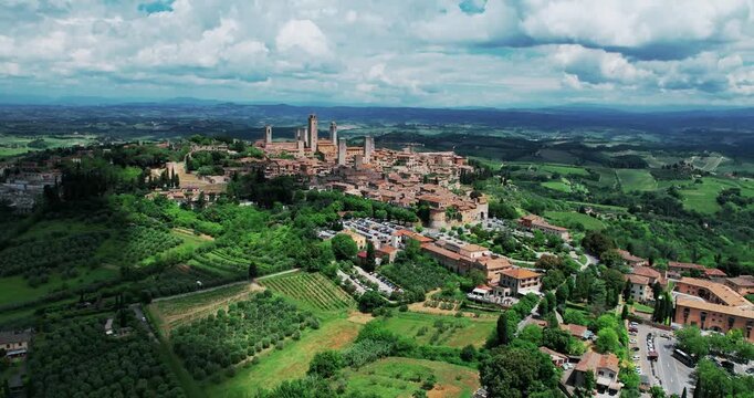 Amazing aerial panoramic view of San Gimignano, a medieval town with iconic towers in Tuscany, Italy