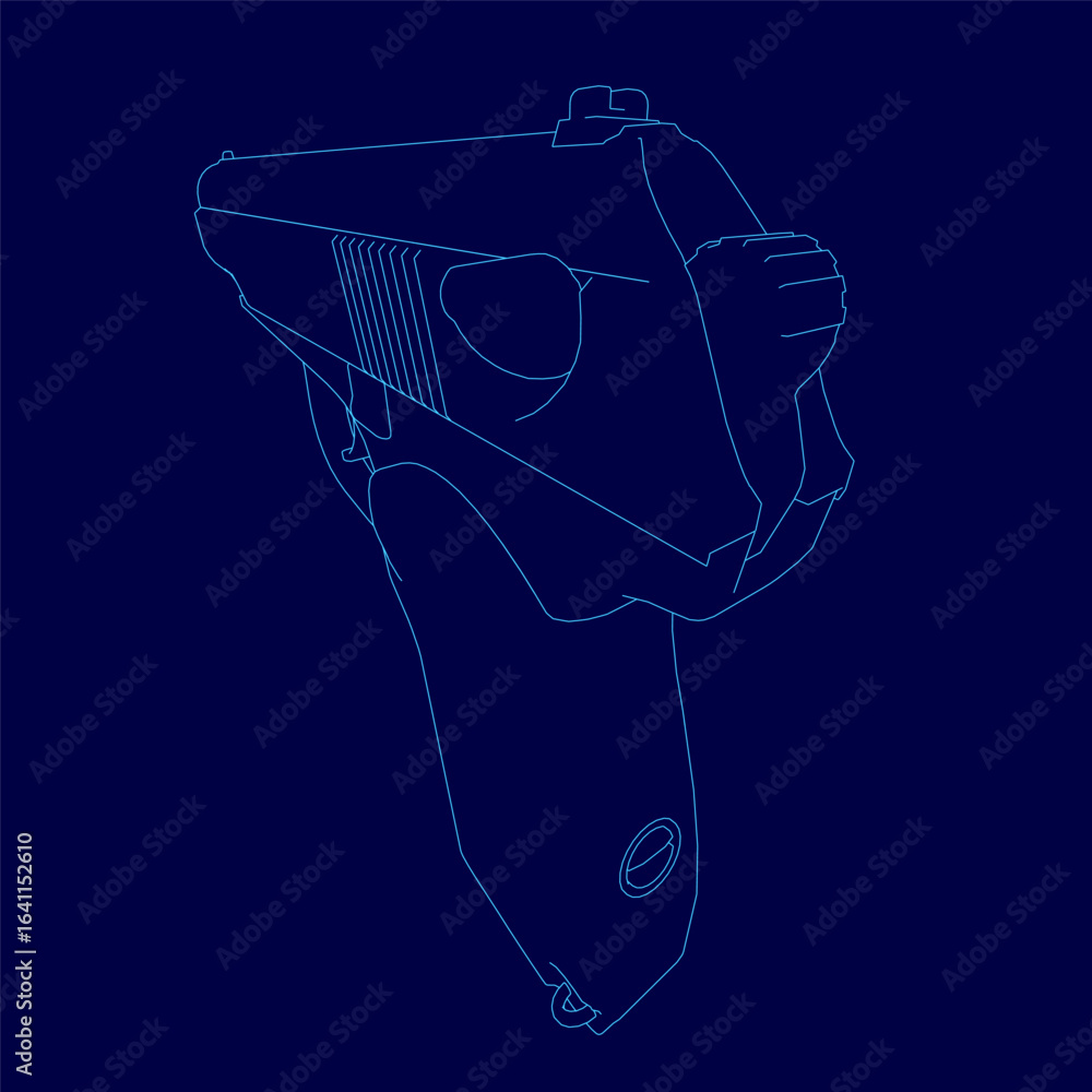 Poster a detailed blueprint of a pistol with precise contour lines, displayed on a dark blue background. th