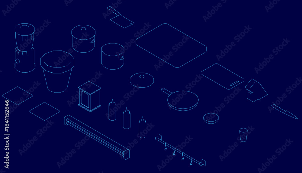 Poster blue background features an isometric line drawing of restaurant props including bottles, boxes, and