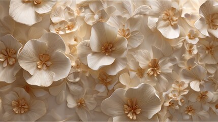 Floral arrangement delicate ivory flowers with golden centers, textured and luminous backdrop