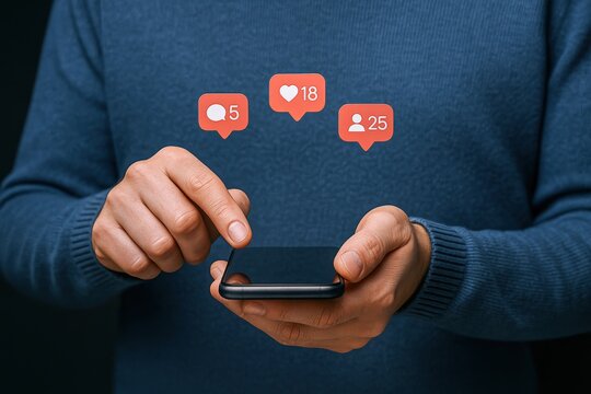 Hands Holding Smartphone with Social Media Notification Icons for Likes, Comments, and Followers - Powered by Adobe