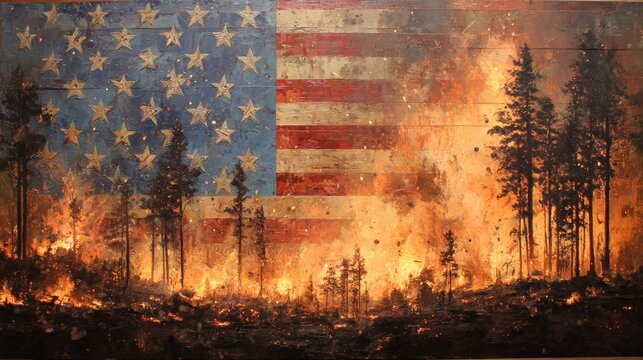 American Flag Overlaid on Raging Forest Fire: Depicting The Intense Environmental Challenge Through Symbolic Art and Its Impact on Nature and Society
