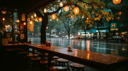 Cozy cafe interior with warm ambient lighting and a long wooden counter, overlooking a rainy city street at night, creating a moody and inviting atmosphere