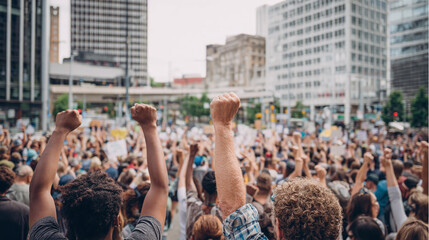 Large crowd protesting in a city square with raised fists, symbolizing solidarity and resistance against injustice, with tall buildings in the background.