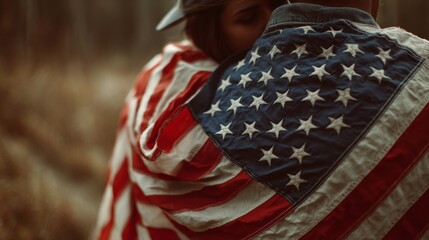 Intimate Embrace Wrapped in the American Flag Symbolizing Unity and Patriotism in a Serene Outdoor Setting