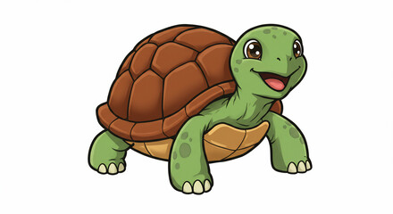 Obraz premium Cartoon illustration of a happy, green turtle with a brown shell, smiling and walking on a white background.