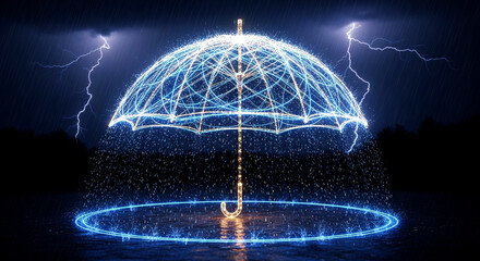 Glowing blue energy dome with lightning strikes