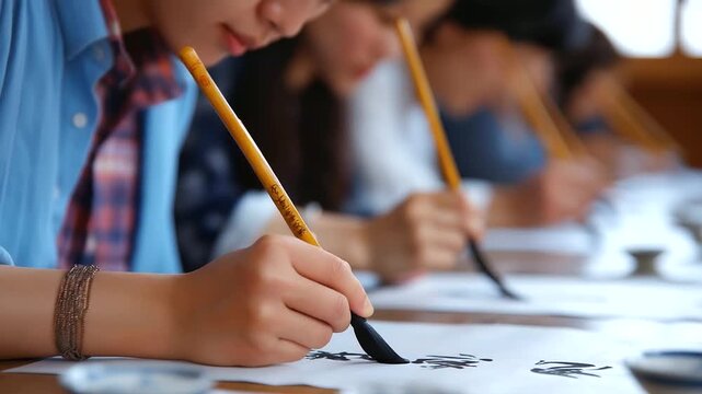 Young learners honing their calligraphy skills at a Chinese evening class.