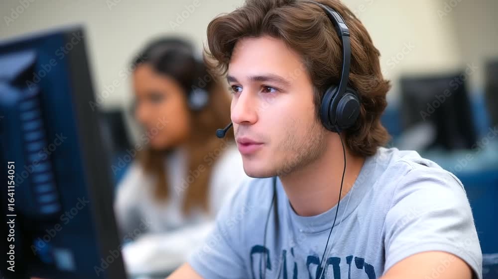 Poster students engaged in foreign language exams on computers in a modern lab setting.