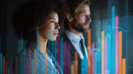 Business professionals analyze data graphs, reviewing performance metrics. Collaboration and shared vision enhance strategic decision-making in a modern office.