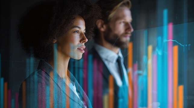 Business professionals analyze data graphs, reviewing performance metrics. Collaboration and shared vision enhance strategic decision-making in a modern office.