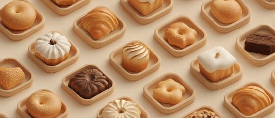 High-resolution 3D icon sheet of cute cafe pastries sculpted in clay with glossy textures and beveled outlines, ideal for snack inventory screens, food gamification, and mobile game UI asset packs