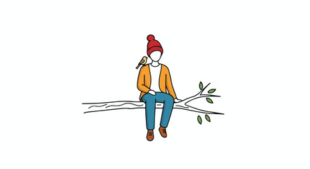 Fototapeta premium Minimalist illustration of a person with a bird on their shoulder sitting on a branch, ideal for promoting nature connection and environmental awareness campaigns.