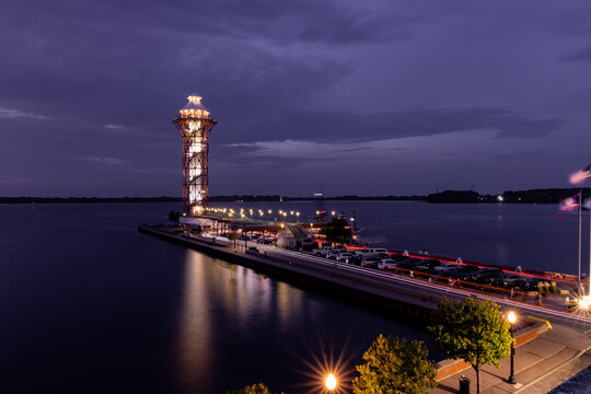 Bicental Tower on dobins landing in erie pa, blue hour photograph on Lake Erie bayfront 