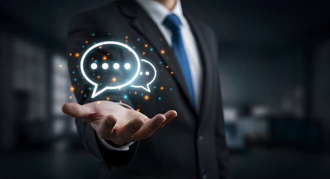 A businessman in a suit holding glowing speech bubbles, representing communication and discussion. - Powered by Adobe