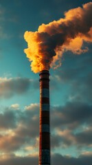 Obraz premium Smoke coming out of a tall industrial chimney against sunset, abstract background.