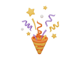 Yellow Party Popper Emoji icon with confetti. illustration of 3d rendering.