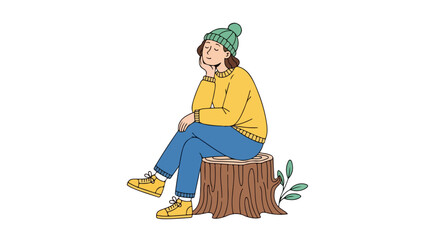 Isolated Illustration of a Young Woman in Winter Clothing Sitting on a Tree Stump, Ideal for Depicting Outdoor Activities, Relaxation, and Seasonal Content