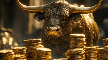 Gold bull statue with coins, useful for financial articles, investment presentations and banking advertisements.