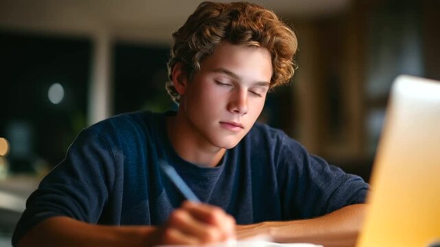 Young male student diligently filling out college application forms in his room.