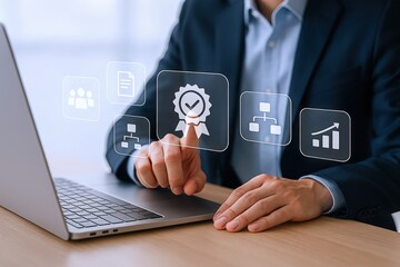 Quality Assurance Online: Businessman Interacting with Virtual Display to Certify and Validate Performance Metrics