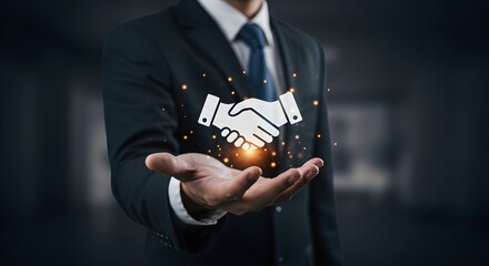 A businessman in a suit holding a glowing handshake icon, symbolizing agreement and partnership.