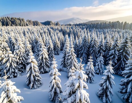 Snowy pine forest aerial view
