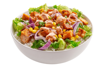 An ultra-realistic photo of a bowl with rice, lettuce, and chicken pieces mixed together with corn customized into small cubes isolated on a transparent background in PNG format.