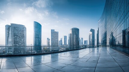 Modern Cityscape Panorama with Sleek Architecture and Open Terrace View on a Sunny Day
