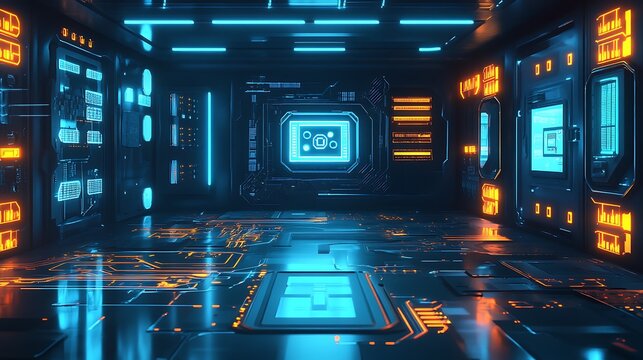 A tech room filled with digital crypto mining boards and glowing circuit flows  - Powered by Adobe