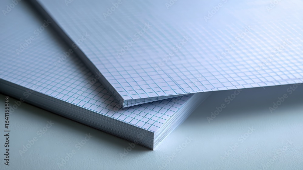 Poster close-up of stacked graph paper sheets for technical drawing and mathematical calculations
