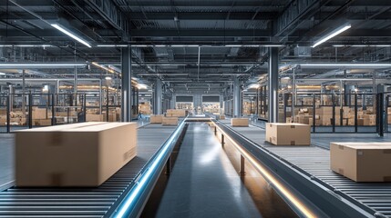 Fototapeta premium Automated Conveyor System Moving Cardboard Boxes in a Modern Distribution Warehouse for Efficient Logistics