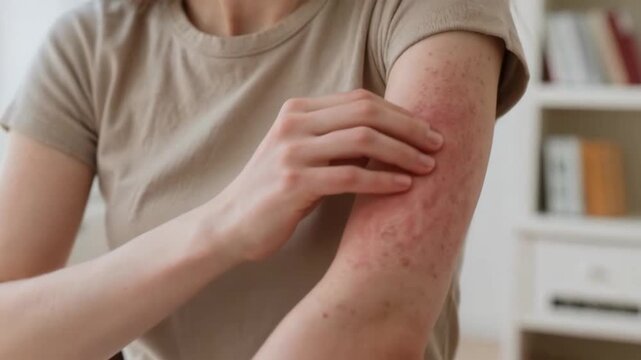 Close-up of person with red irritated arm skin showing signs of burn or dermatitis, scratching inflamed area, skin condition concept.