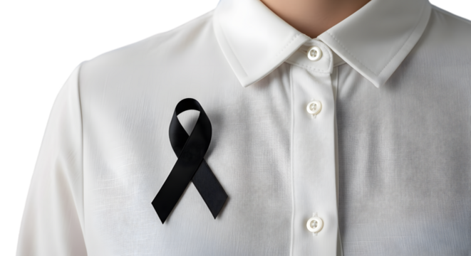 Photo of black ribbon pinned on a white shirt isolated on transparent background