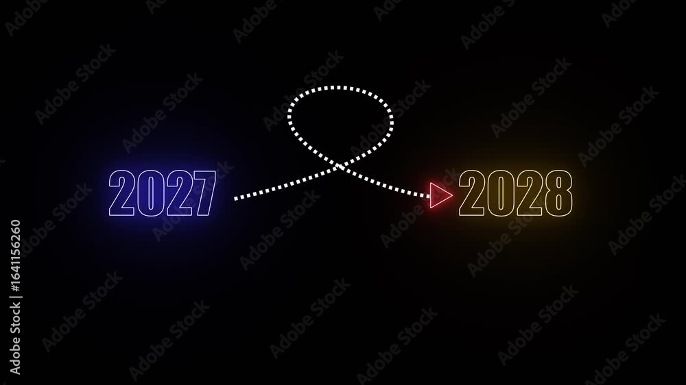 Poster blue and yellow neon 2027 to 2028 transition with dotted line loop and arrow on black background yea