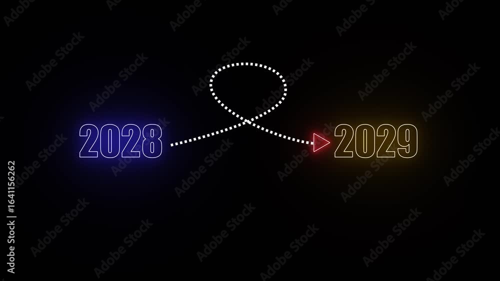 Poster blue and yellow neon 2028 to 2029 transition with dotted line loop and arrow on black background yea