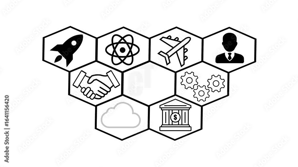 Aufkleber business and science icons arranged in honeycomb structure with rocket airplane and handshake image 