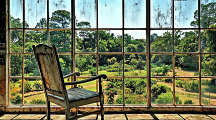 Rustic wooden rocking chair sits before a large, multipaned window overlooking a serene garden landscape.  Sunlight streams in, highlighting the weathered chair and lush greenery.