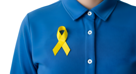 Photo of close up of a yellow ribbon pinned on a blue shirt for down syndrome day isolated on transparent background